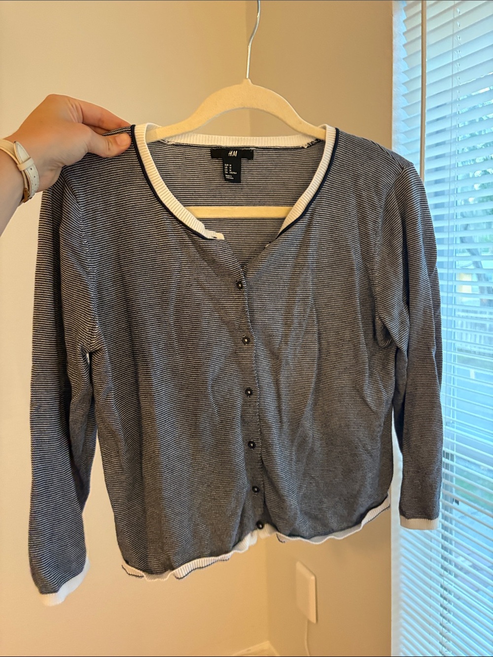 H&M Navy and White Striped Button-Up Long Sleeve Top